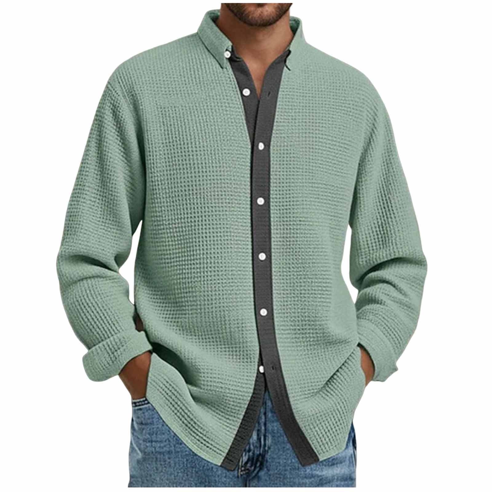 Long Sleeve Shirts for Men, Men's Button Down Waffle Textured Shirt Casual Long Sleeve Lapel Neck Wrinkle Free Untucked Shirts Fashion Clothes