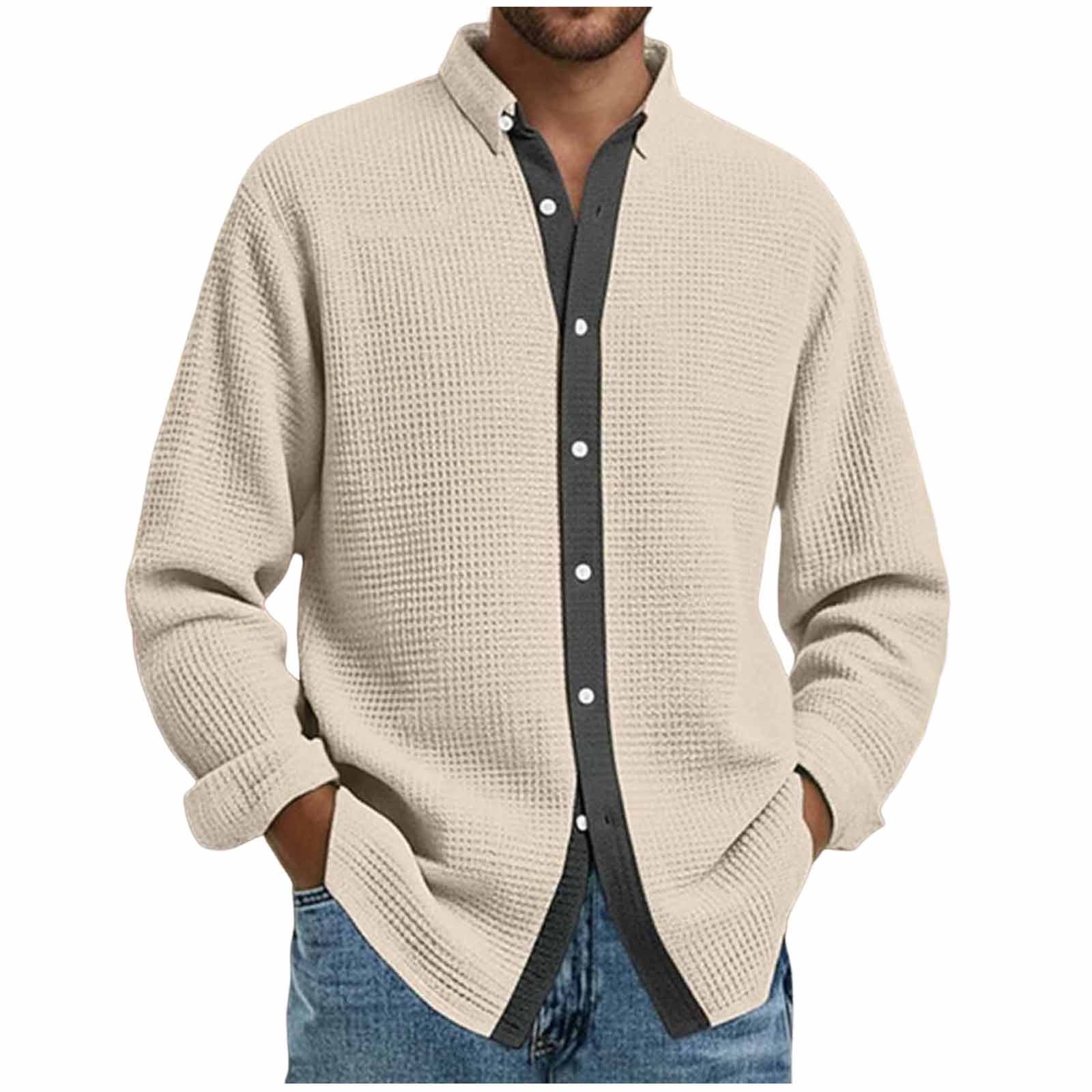 Long Sleeve Shirts for Men, Men's Button Down Waffle Textured Shirt Casual Long Sleeve Lapel Neck Wrinkle Free Untucked Shirts Fashion Clothes