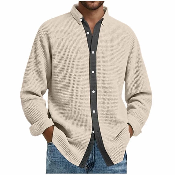Long Sleeve Shirts for Men, Men's Button Down Waffle Textured Shirt Casual Long Sleeve Lapel Neck Wrinkle Free Untucked Shirts Fashion Clothes
