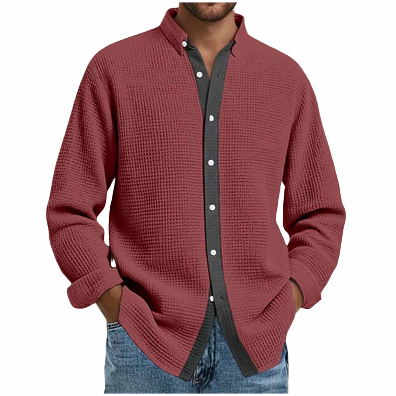 Long Sleeve Shirts for Men, Men's Button Down Waffle Textured Shirt Casual Long Sleeve Lapel Neck Wrinkle Free Untucked Shirts Fashion Clothes