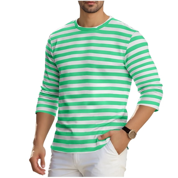 Long Sleeve Shirts for Men, Men's Casual Cotton Spandex Striped Crewneck Long-Sleeve T-Shirt Basic Pullover Stripe tee Shirt