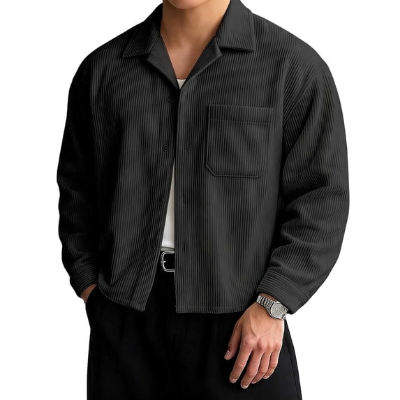 Long Sleeve Shirts for Men, Men's Corduroy Button Down Shirts Cropped Jackets Casual Long Sleeve Shacket Lightweight Overshirts with Pockets