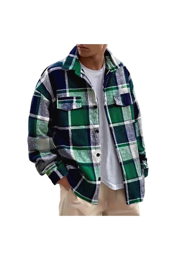 Long Sleeve Shirts for Men, Men's Flannel Shirts Casual Button Down Plaid Shirt Jacket Long Sleeve Fleece Shacket with Pockets