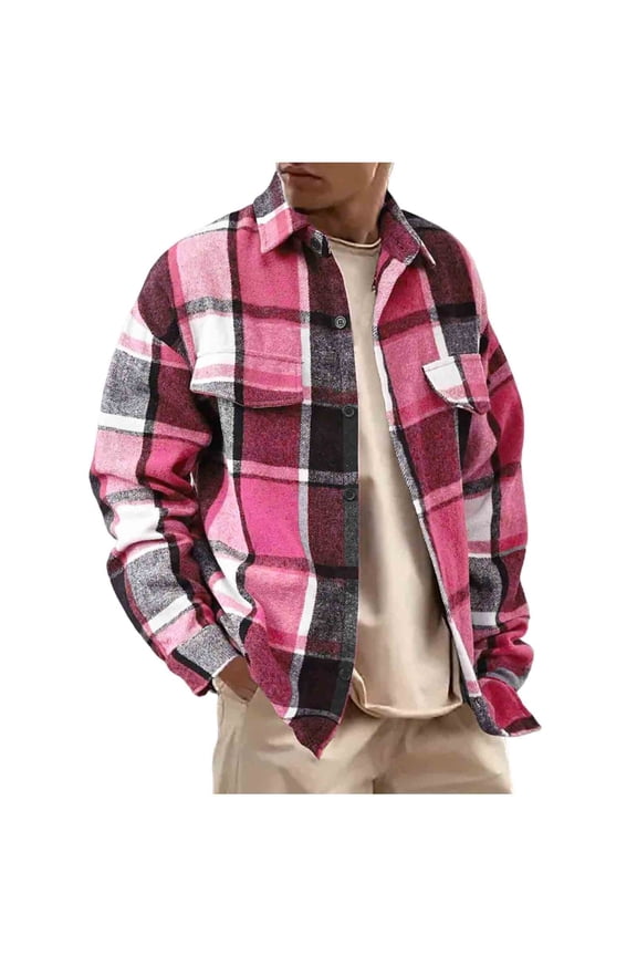 Long Sleeve Shirts for Men, Men's Flannel Shirts Casual Button Down Plaid Shirt Jacket Long Sleeve Fleece Shacket with Pockets