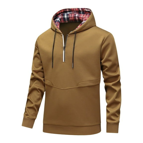 Long Sleeve Shirts for Men, Men's Half Zip Hoodie Plaid Splicing Hooded Sweatshirts Long Sleeve Drawstring Pullover Tops Coats