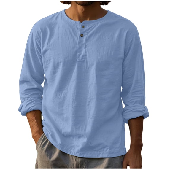Long Sleeve Shirts for Men, Men's Lightweight Linen Henley Shirts Long Sleeve Casual Button Up Crewneck Loose Beach Travel Tee Shirt