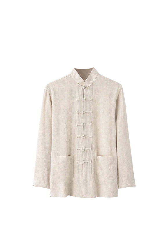 Long Sleeve Shirts for Men, Men's Linen Shirts Long Sleeve Retro Mandarin Collar Chinese Frog Button Tops Blouse Traditional Kung Fu Uniform