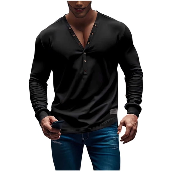 Long Sleeve Shirts for Men, Men's Long Sleeve Henley Shirt Deep V-Neck Shirts Button Down Casual Classic Tee Lightweight Fall Shirts