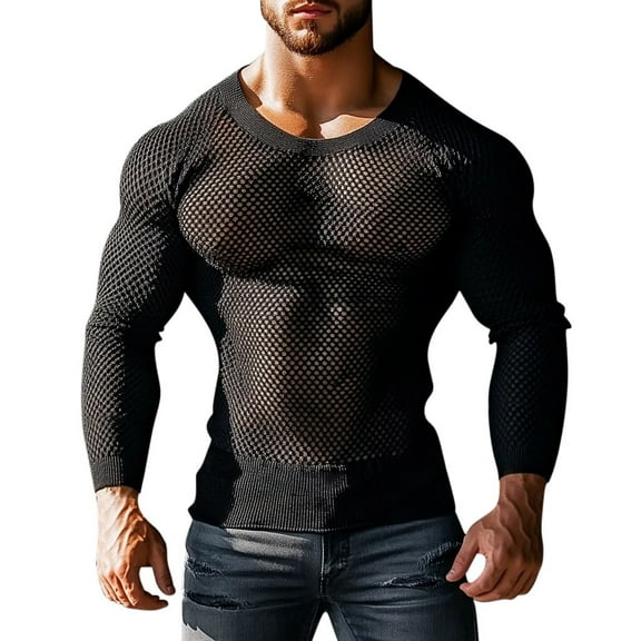 Long Sleeve Shirts for Men, Men's Mesh Fishnet Muscle Top See Through Long Sleeve Shirts Muscle Shirts Tee Clubwear