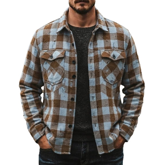 Long Sleeve Shirts for Men, Men's Plaid Casual Jacket Long Sleeve Lapel Top Shirt Button Down Fashion Jacket Fall Spring T-Shirt Loose Fit