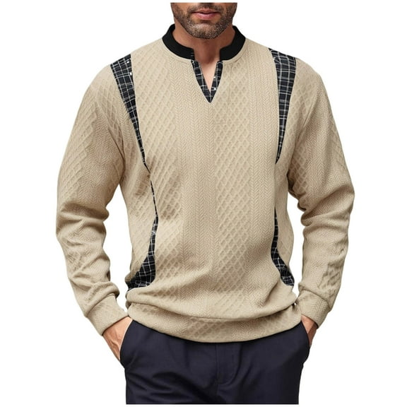 Long Sleeve Shirts for Men, Men's Stylish Plaid Patchwork Jacquard V Neck Sweatshirt Spring Loose Casual Long Sleeve Pullover Tee Tops