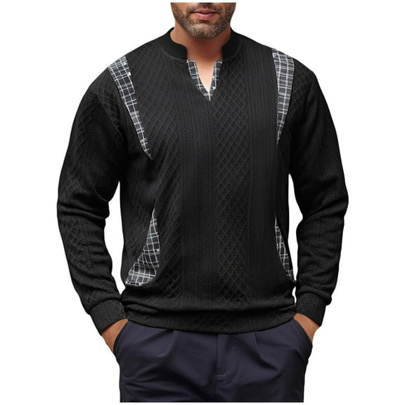 Long Sleeve Shirts for Men, Men's Stylish Plaid Patchwork Jacquard V Neck Sweatshirt Spring Loose Casual Long Sleeve Pullover Tee Tops