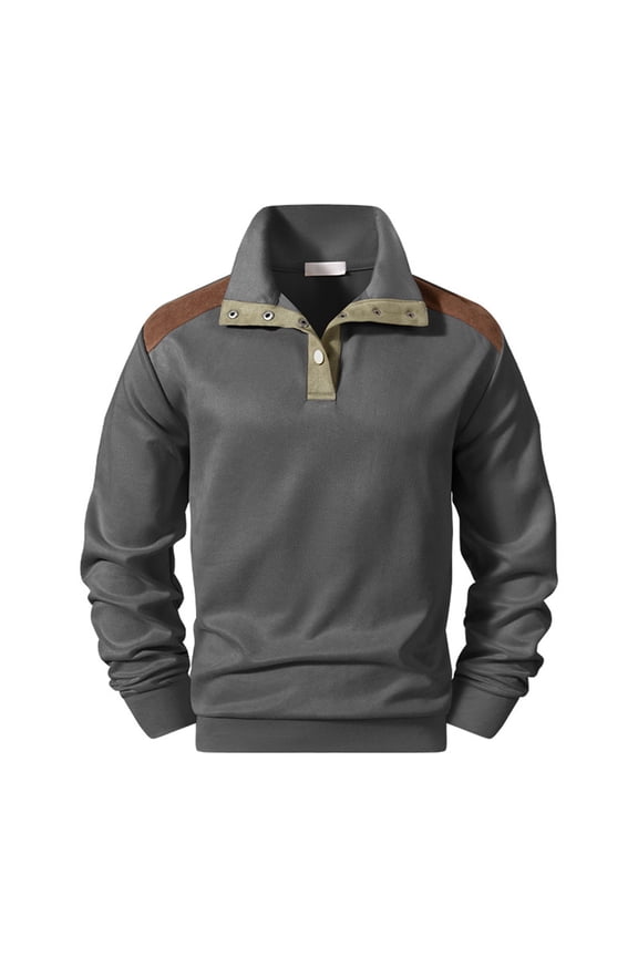 Long Sleeve Shirts for Men, Men's Suede Quarter Button Shirt Classic Long Sleeve Elbow Patches Stand Collar Color Block Sweatshirts Fashion