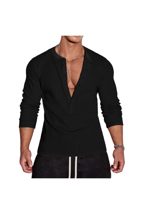 Long Sleeve Shirts for Men, Men's Waffle Henley Shirts Long Sleeve T-Shirt Stylish Casual 5 Button Placket Slim Fit Tee Thermal Underwear