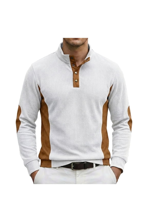 Long Sleeve Shirts for Men, Mens Corduroy Shirts Quarter-Button Vintage Pullover Sweatshirt Casual Fashion Color Block Pullovers with Elbow Patch