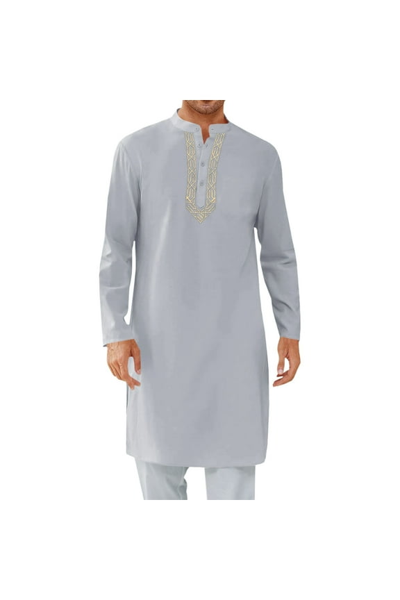 Long Sleeve Shirts for Men, Mens Kaftan Thobe Button Down Casual Henley Shirts Long Sleeve Robe Cotton Linen Muslim Gown Shirt