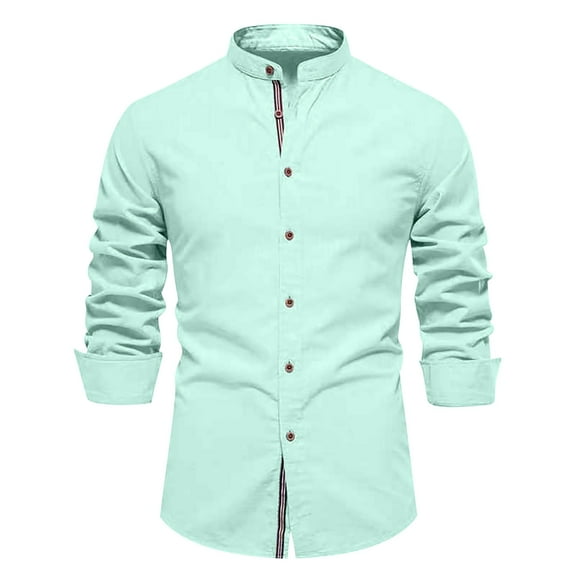 Long Sleeve Shirts for Men, Mens Long Sleeve Cotton Linen T-Shirt Button Down Band Collar Beach Tops Casual Button Up Summer Oxford Dress Shirt