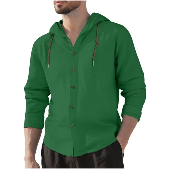 Mens Long Sleeve Shirts Drawstring Hooded Sweatshirt Casual Button Shirts
