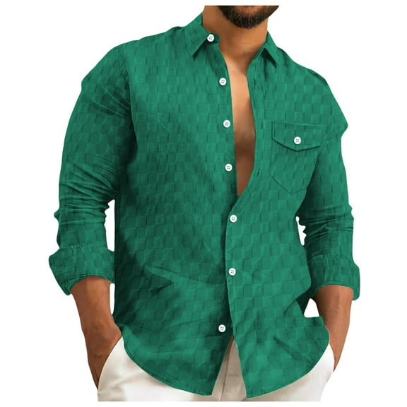 Long Sleeve Shirts for Men,Plaid Shirt Lapel Casual Cardigan Holiday Top Button Down Comfortable Relaxed Wear,Men's T-Shirts,S,Dark Green