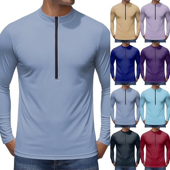 Long Sleeve Shirts for Men Quick Dry Tech Stretch Lightweight T-Shirt Zipper Sun Protection Athletic Shirts for Hiking,Light Blue,L