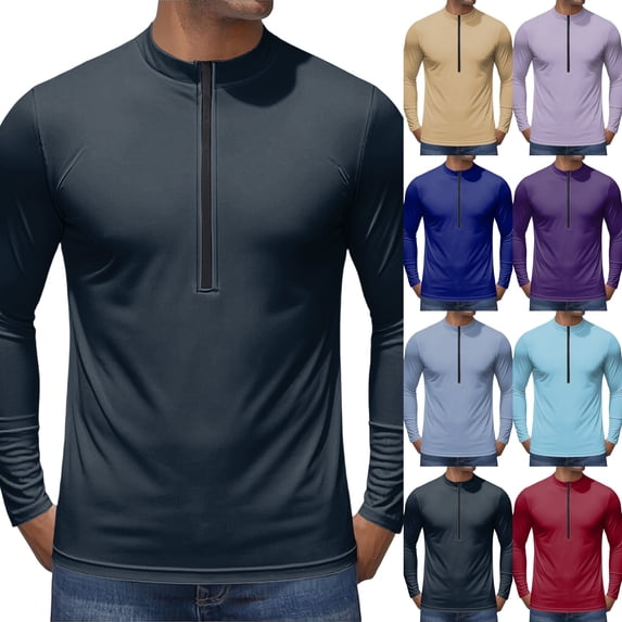 Long Sleeve Shirts for Men Quick Dry Tech Stretch Lightweight T-Shirt Zipper Sun Protection Athletic Shirts for Hiking,Navy,XL