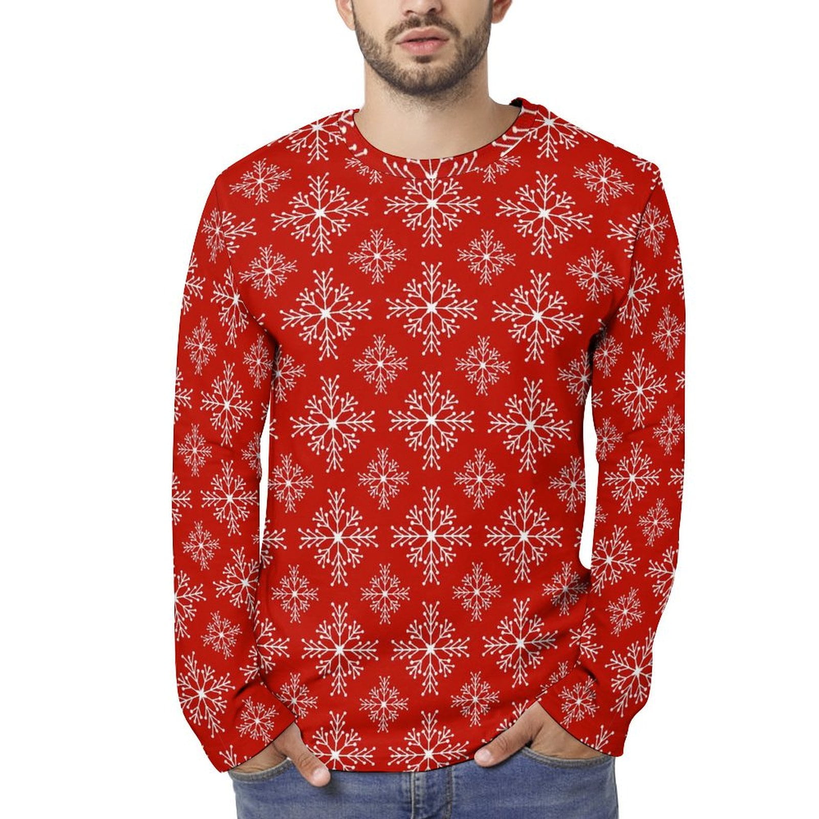 Long Sleeve Shirts for Men Red White Snowflakes Casual Crew Neck Mens