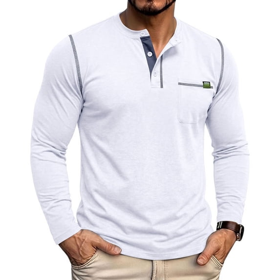 Long Sleeve Shirts for Men Round Neck Solid Color Button Down Casual Pullover Shirt with Pocket Lightweight Breathable Workout Blouse for Running