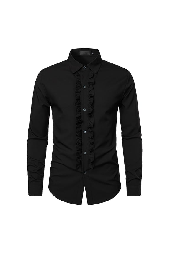 Long Sleeve Shirts for Men Solid Color Casual Shirt with Ruffle Hem Button Turn Down Collar Top Black M