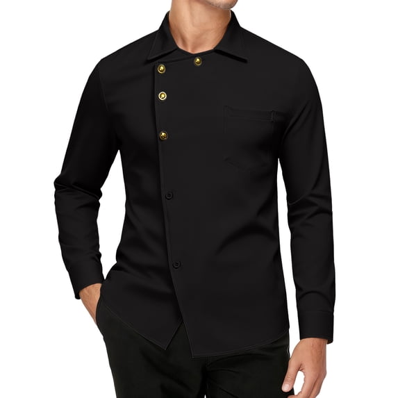 Long Sleeve Shirts for Men Solid Color Shirt Asymmetric Design Button Turn Down Collar Shirt Black L