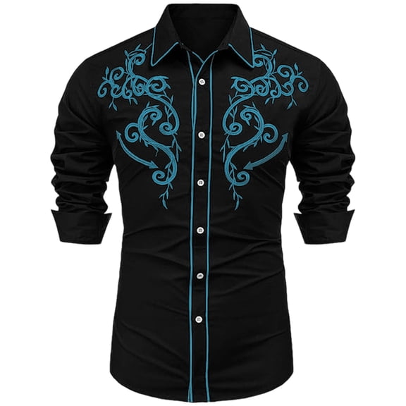 Long Sleeve Shirts for Men Solid Western Cowboy Embroidered Shirt Slim Fit Casual Button Shirt Light Blue L