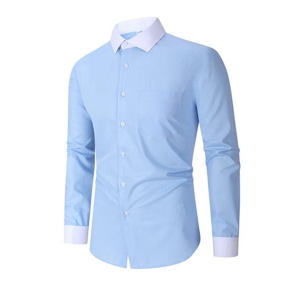 Long Sleeve Shirts for Men Stripe Open Front Shirt Formal Casual Big Size Button Turn Down Collar Light Blue S