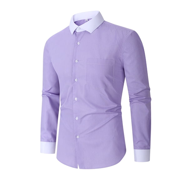 Long Sleeve Shirts for Men Stripe Open Front Shirt Formal Casual Big Size Button Turn Down Collar Purple XL
