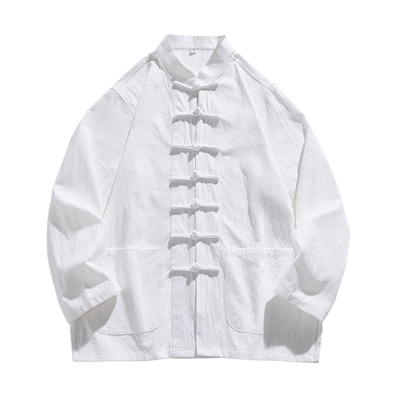 Long Sleeve Shirts for Men, Stylish Mandarin Collar Kung Fu Shirts for Men Loose Long Sleeve Chinese Traditional Tai Chi Frog-Button Linen Shirt