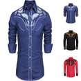 thumbnail image 1 of Long Sleeve Shirts for Men Stylish Western Cowboy Embroidered Button Down Lapel Business Tops Casual Loose Comfortable Mens Dress Shirts Blue XXL, 1 of 5