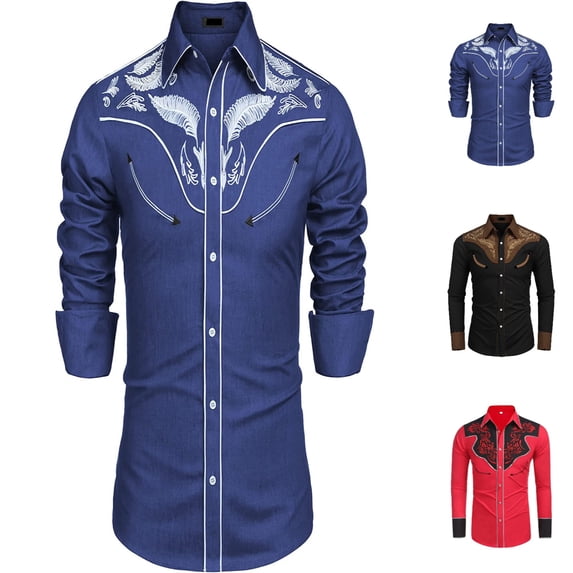 Long Sleeve Shirts for Men Stylish Western Cowboy Embroidered Button Down Lapel Business Tops Casual Loose Comfortable Mens Dress Shirts Blue XXL