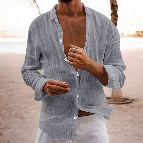 Long Sleeve Shirts for Men Turndown Collar Casual Solid Color Shirt Gray 3XL