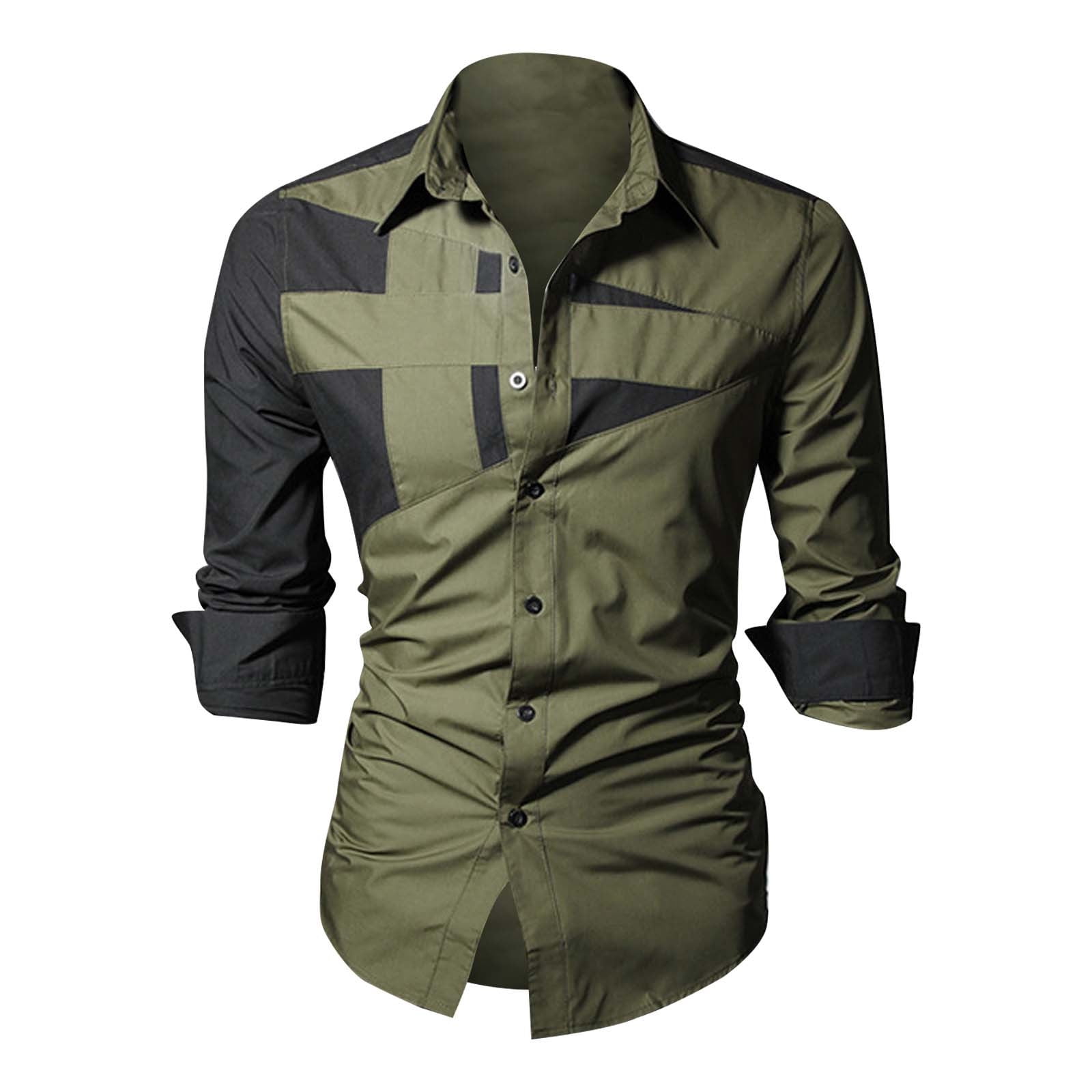 Long Sleeve Shirts for Men Workout Tops Going Out Blouses Dressy Casual Mens Fashion Patchwork Personalized Lapel Button Up Shirt Green 3XL Walmart