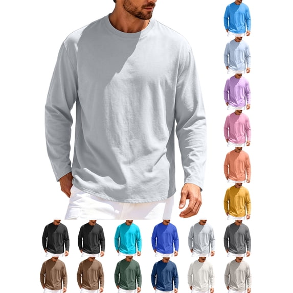 Long Sleeve Shirts for Men Zaewscy Men's Solid Color Round Neck Long Sleeved Casual Sports Fashion Fitness Clothes Gray M
