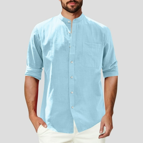Long Sleeve Shirts for Men with Pocket Button-Down Stand Collared T-Shirts Lightweight Solid Color Casual Summer Beach Tees Shirts