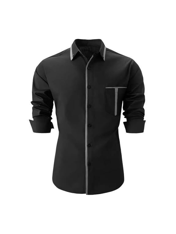 Long Sleeve Shirts for Men with Pocket and Collar Button-Down T-Shirts Mens Business Casual Slim-Fit Breathable Color-Block Lapel Work Tshirts Shirt