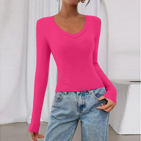 Long Sleeve Shirts for Women 2025 Fall Fashion V Neck Basics Crop Tops Slim Fitted Y2K Tops Clothes Hot Pink S