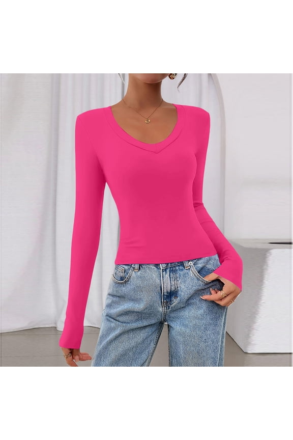 Long Sleeve Shirts for Women 2025 Fall Fashion V Neck Basics Crop Tops Slim Fitted Y2K Tops Clothes Hot Pink S