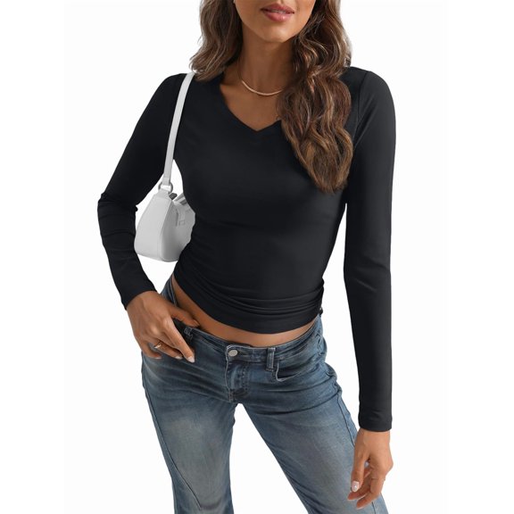 Long Sleeve Shirts for Women 2025 Fall Fashion V Neck Basics Crop Tops Slim Fitted Y2K Tops Outfits Clothes Black S