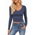 thumbnail image 1 of Long Sleeve Shirts for Women 2025 Fall Fashion V Neck Basics Crop Tops Slim Fitted Y2K Tops Outfits Clothes Blue L, 1 of 8