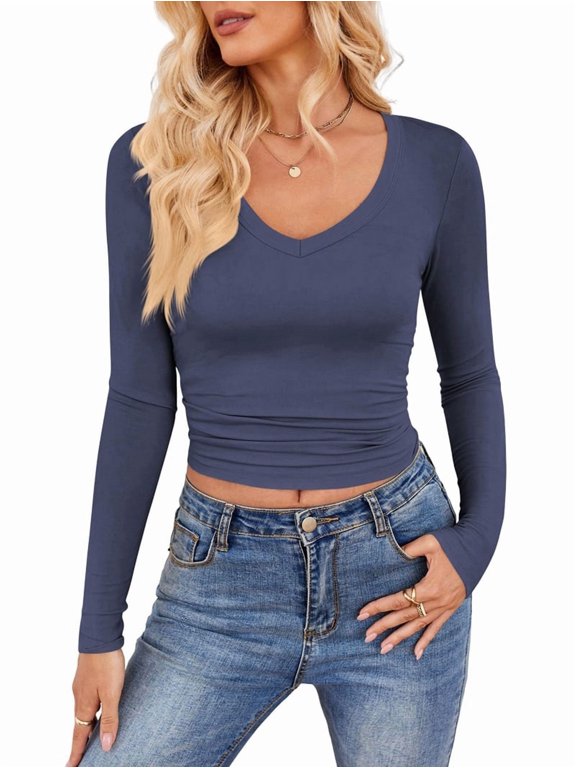 Long Sleeve Shirts for Women 2025 Fall Fashion V Neck Basics Crop Tops Slim Fitted Y2K Tops Outfits Clothes Blue M