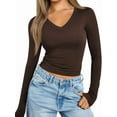 thumbnail image 1 of Long Sleeve Shirts for Women 2025 Fall Fashion V Neck Basics Crop Tops Slim Fitted Y2K Tops Outfits Clothes Coffee XL, 1 of 8