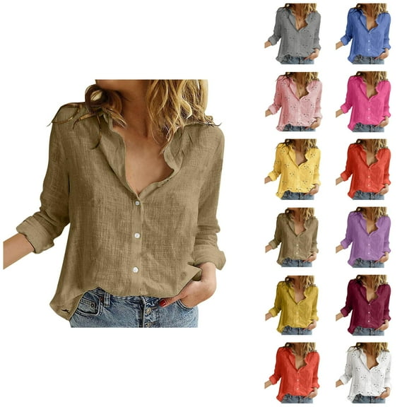 Long Sleeve Shirts for Women 2025 Fall Winter Lightweight Button Down Collared Loose Linen Blouse Business Casual Tops