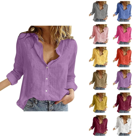Long Sleeve Shirts for Women 2025 Fall Winter Lightweight Button Down Collared Loose Linen Blouse Business Casual Tops