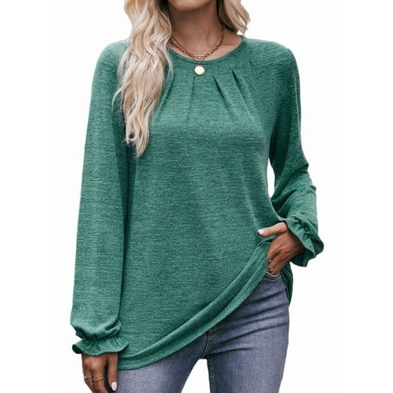 Long Sleeve Shirts for Women 2025 Fashion Fall Dressy Casual Blouses Pleated Crewneck Tunic Tops Green M