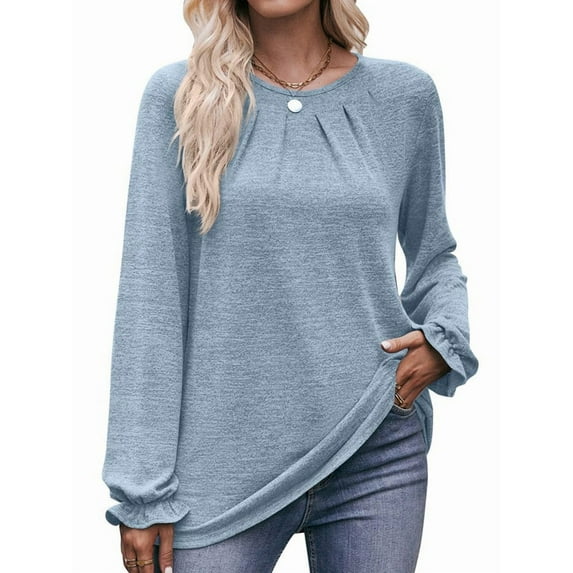 Long Sleeve Shirts for Women 2025 Fashion Fall Dressy Casual Blouses Pleated Crewneck Tunic Tops Light Blue L